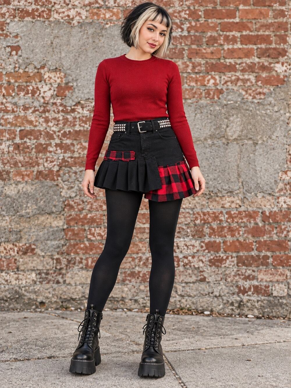 Upcycled Black Denim Mini Skirt Red Plaid Punk Pleated Sz 12 NWT only the skirt
